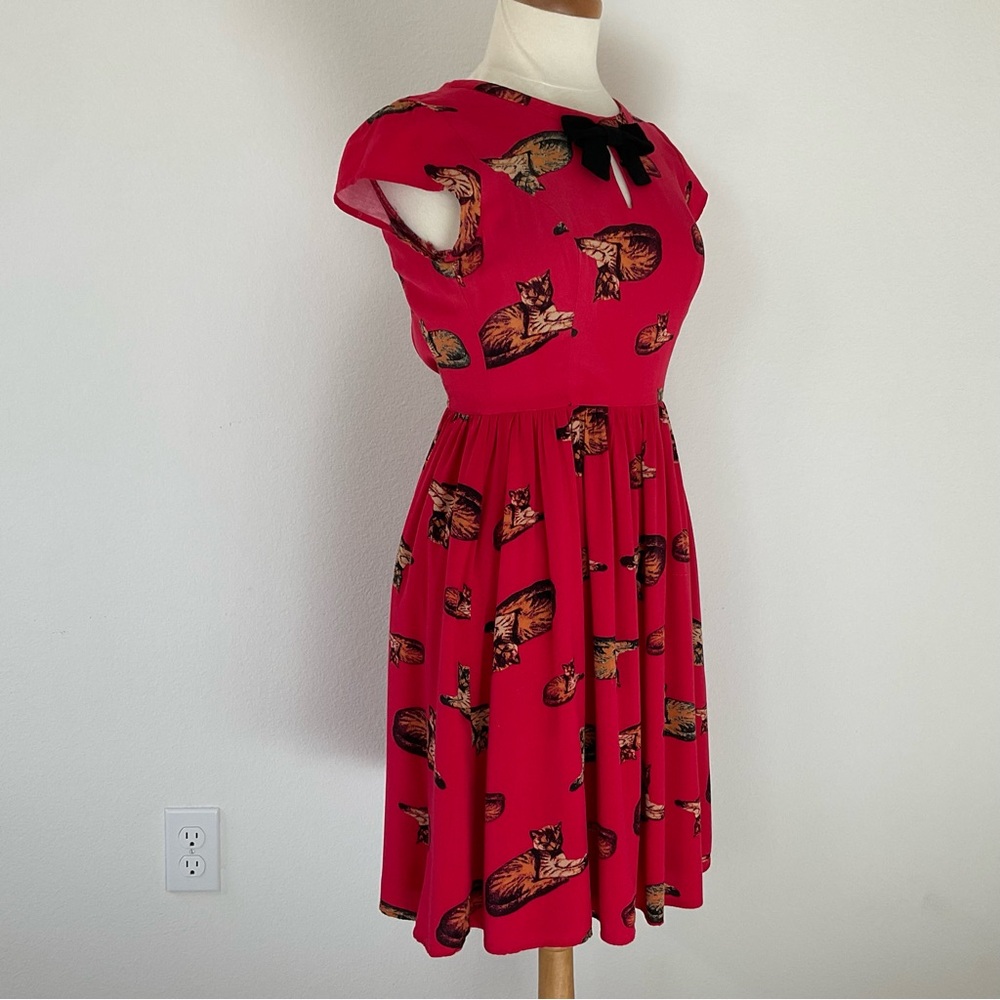 ModCloth Red Cat Print Fit & Flare Dress S - Picture 4 of 16
